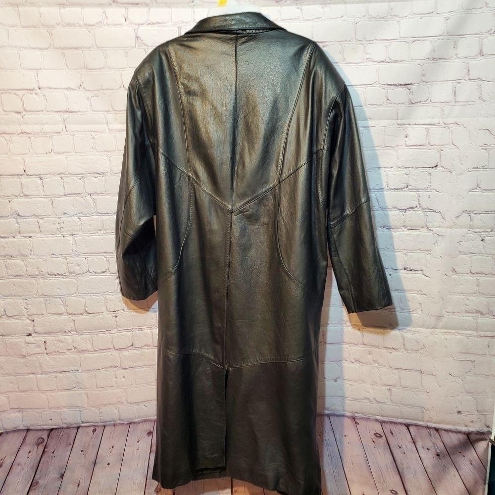 VINTAGE 80s LEATHER PELLE BLACK TRENCH COAT - Picture 7 of 11